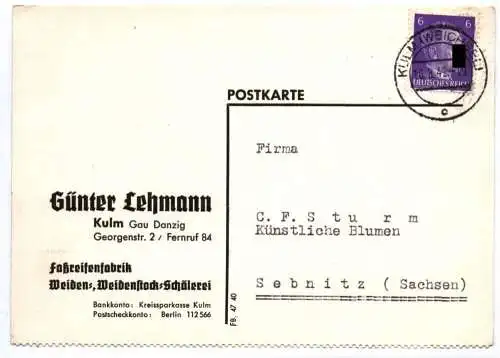 Postkarte Günter Lehmann Kulm Gau Danzig Faßreifenfabrik Weidenstock Schälerei 1