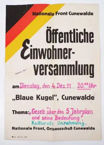 Plakat Cunewalde Blaue Kugel 1951 Nationale Front Einwohner Versammlung