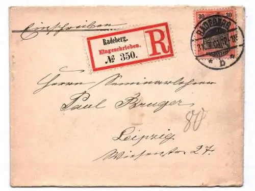 R-Brief Radeberg Eingeschrieben No 350 nach Leipzig 1901