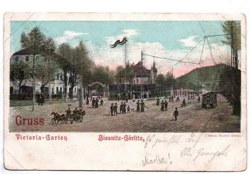 Litho Ak Gruss aus dem Victoria Garten Biesnitz Görlitz Straßenbahn um 1900