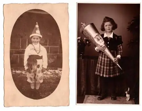 2 x Foto Ak Kinder Schultüte Schulanfang Kostüm Harlekin Vintage