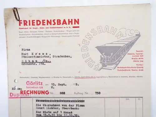 Rechnung Friedensbahn Görlitz Feldbahn Bedarf 1939