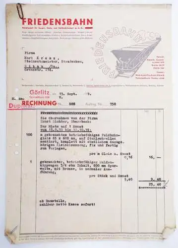 Rechnung Friedensbahn Görlitz Feldbahn Bedarf 1939