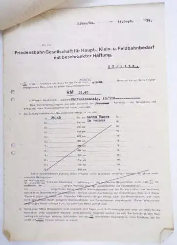 Rechnung Friedensbahn Görlitz Feldbahn Bedarf 1939