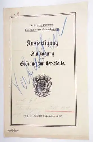 Kaiserliches Patent Eintragung Krantz u Co Bautzen Pulverfabrik Patrone 1905