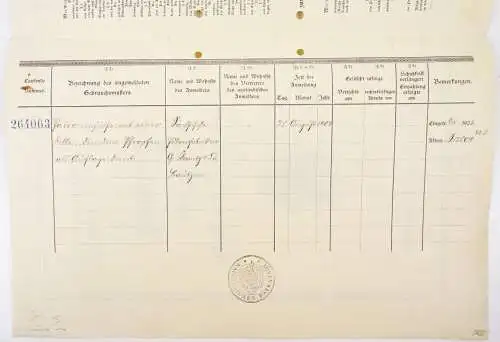 Kaiserliches Patent Eintragung Krantz u Co Bautzen Pulverfabrik Patrone 1905