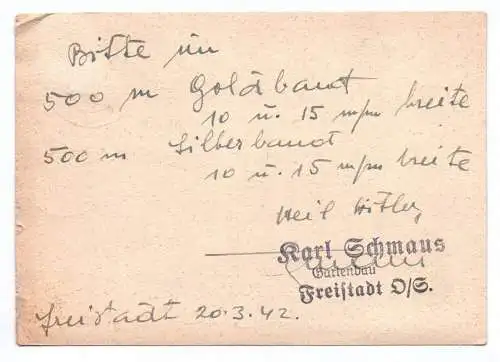 Feldpostkarte 1942 Freistadt Ober Schlesien Sturmsoldat