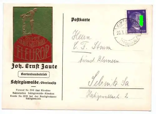 Postkarte Schirgiswalde Gartenbau Betrieb Fleurop Vignette 1942