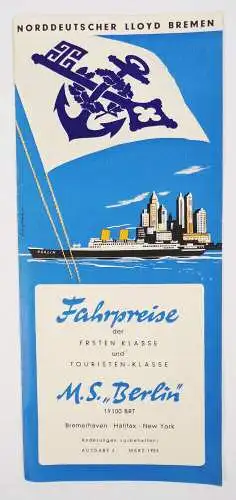 Prospekt Norddeutscher Lloyd Bremen Fahrpreise MS Berlin 1955