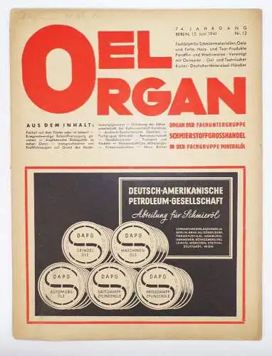 Oel Organ Zeitschrift Schmierstoff Großhandel Mineralöl 1941 Nr 12