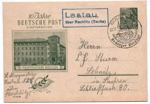 DDR Ganzache 1955 Deutsche Post Stempel Lastau über Rochlitz top Abschlag