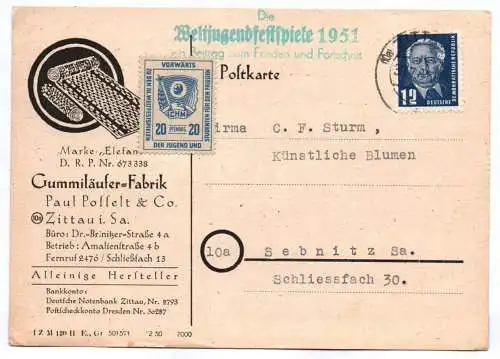 Weltjugendfestspiele 1951 Stempel Marke auf Postkarte Posselt Zittau DDR