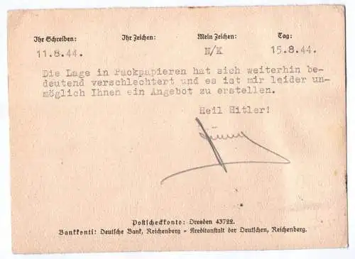 Drucksache 1944 Heinrich Möller Reichenberg Sudeten Stempel Randstück