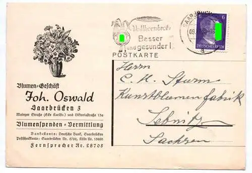 Postkarte Blumen Oswald Saarbrücken 1943 Vollkornbrot Besser und gesunder