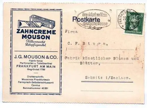 Firmenlochung Postkarte Zahncreme Mousoun Frankfurt Main 1929