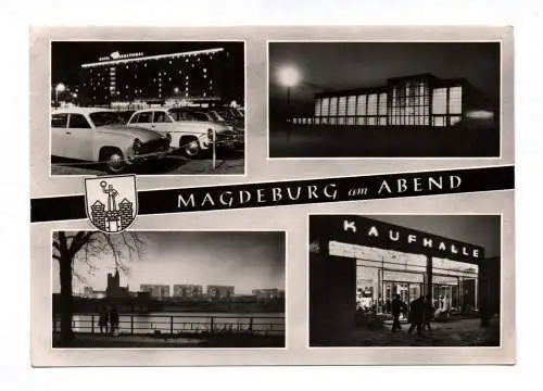 Ak Magdeburg am Abend Kaufhalle Hotel International 1964 Elbe Schwimmhalle