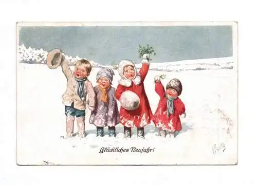 Künstler Ak Glückliches Neujahr Kinder im Schnee 1920