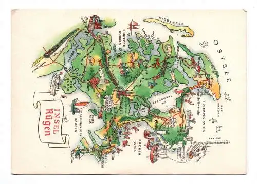 Künstler Ak Ostsee Insel Rügen Landkarte 1964