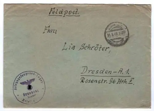 Feldpost Brief 1942 Kriegsgefangenen Lager Graudenz mit Inhalt Stempel