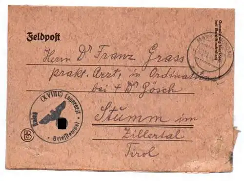 Feldpost Brief Stalag XVIIIC Lagerarzt 1943