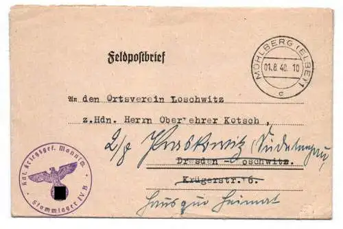 Feldpostbrief Stalag IV B Abwehr Mühlberg Elbe mit Inhalt 1940 Stempel