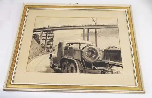 Friedmann 1965 Zeichnung Tatra 141 LKW Brücke im Bau Brückenbau DDR 