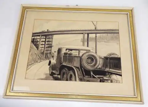 Friedmann 1965 Zeichnung Tatra 141 LKW Brücke im Bau Brückenbau DDR 