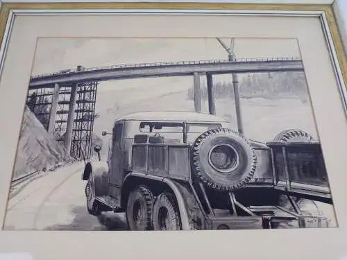 Friedmann 1965 Zeichnung Tatra 141 LKW Brücke im Bau Brückenbau DDR 