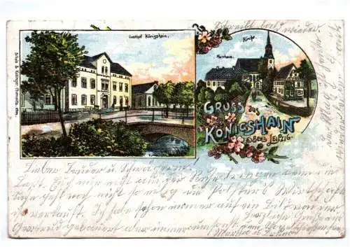 Litho Ak Gruss aus Königshain bei Leipzig Kirche Pfarrhaus Gasthof