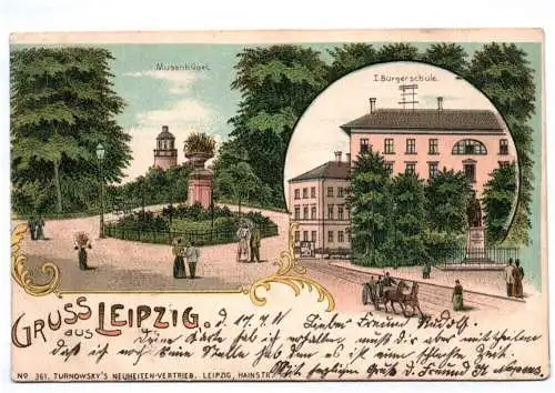 Litho Ak Gruss aus Leipzig Musenhügel Bürgerschule 1900