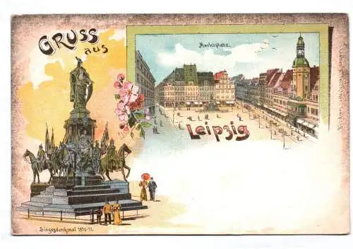 Litho Ak Gruss aus Leipzig Marktplatz Siegesdenkmal um 1910