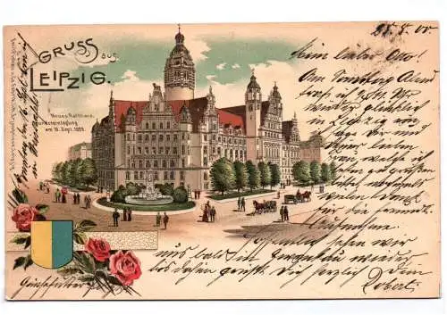 Litho Ak Gruss aus Leipzig 1900 Neues Rathaus