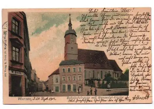 Litho Ak Wurzen Bahnhofstrasse mit Wenzeslei Kirche 1902