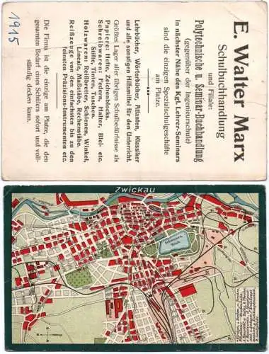 Ak Zwickau Stadtplan Reklame Walter Marx Schuldbuchhandlung 1915