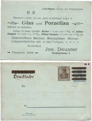 Ganzsache PZD 1906 Reklame Glas und Porzellan Deuster Köln Nippes Privat Zudruck