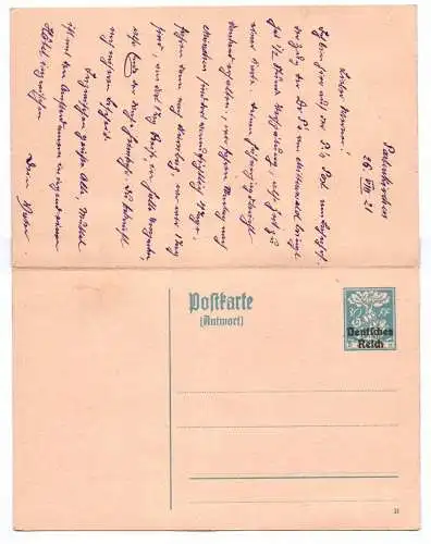 Postkarte mit Antwortkarte P130 Ganzsache Deutsches Reich 1921