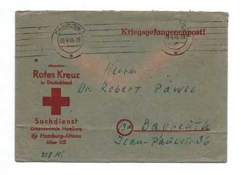 Kriegsgefangenenpost Rotes Kreuz Suchdienst Hamburg 1949