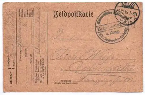 Feldpostkarte Kaiserliche Marine XV Seewehr Abteilung 1915 Zeiel Stempel