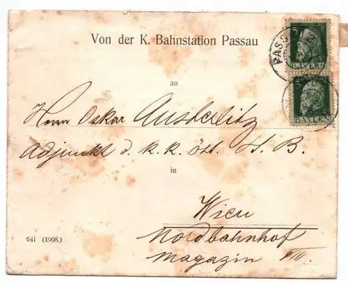 Brief 1911 von der K Bahnstation Passau Bayern nach Wien