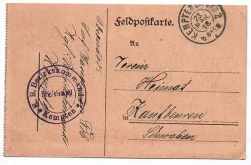 Feldpostkarte mit Stempel K B Bezirkskommando Kempten 1918