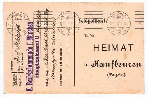 Feldpostkarte K Bezirkskommando II München Hauptmeldeamt II top Abschlag 1917