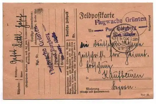 Feldpostkarte Flugwache Grünten Post Burgberg im bayerischen Allgäu Stempel 1918