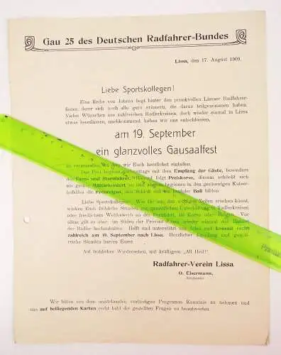 Dokument Lissa Schlesien 1909 Gausaalfest Deutscher Radfahrer Bund