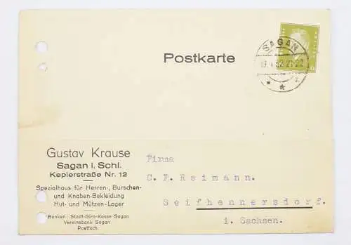 Sagan Schlesien Postkarte Gustav Krause Herren Bekleidung 1932 Reklame