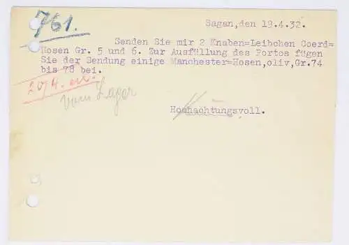 Sagan Schlesien Postkarte Gustav Krause Herren Bekleidung 1932 Reklame