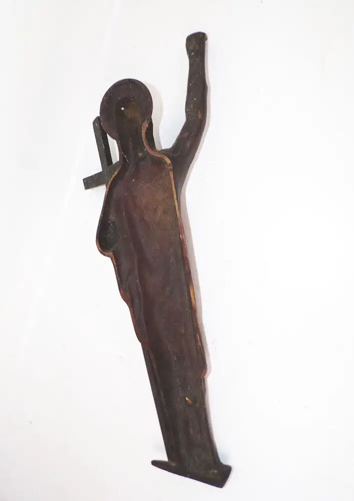 Alter Messing Jesus Wandrelief grüßend mit Kreuz Christentum  4