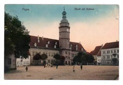 Litho Ak Pegau Markt mit Rathaus 1913