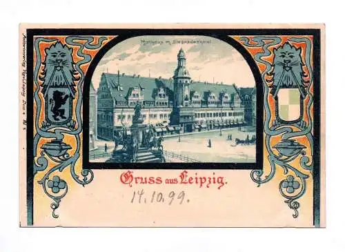 Ak Gruss aus Leipzig 1899 Rathaus mit Siegesdenkmal