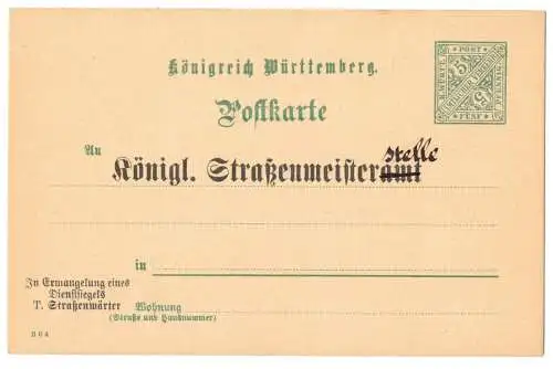 Württemberg Ganzsache DP28 mit Zudruck Straßenmeisteramt 