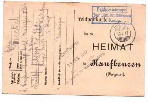 Feldpostkarte Stempel Bayern Landsturm Bataillon Mindelheim Top Abschlag 1917